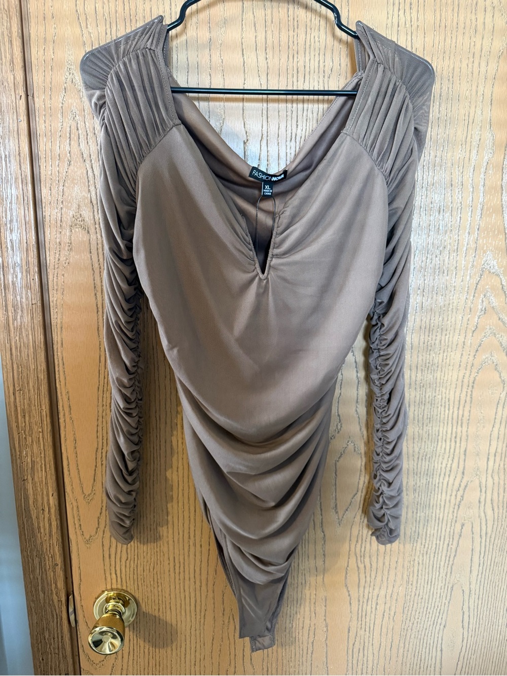 Ruched Long-Sleeve Bodysuit in Taupe